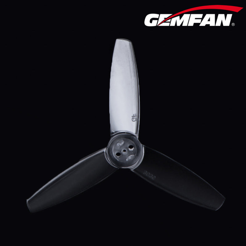 Gemfan 3035 3x3.5in 3-blade bullnose propeller in black and gray, top view