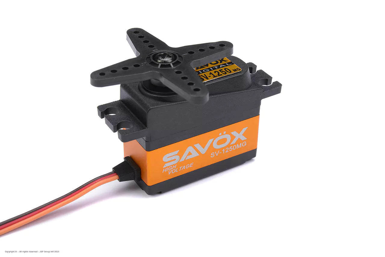 Savox SV-1250MG+ is a high-speed, high-torque micro servo with digital control, coreless motor, and metal gears, suitable for 7.4V operation.