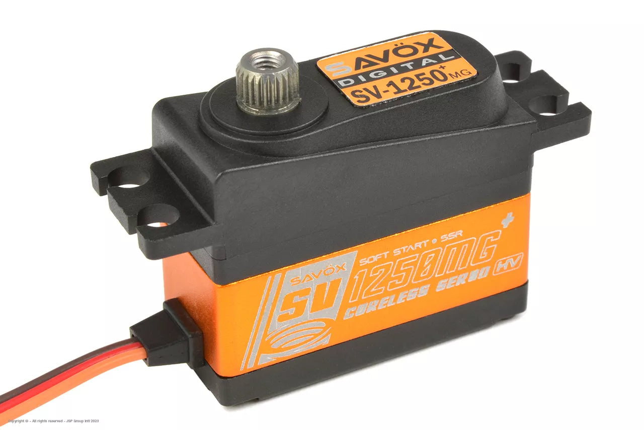 Savox SV-1250MG+ micro servo: digital, HV coreless, metal gear, 8kg torque, 0.10s speed, compact orange/black design.