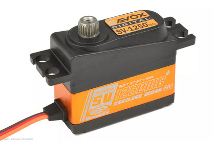 Savox SV-1250MG+ micro servo: digital, HV coreless, metal gear, 8kg torque, 0.10s speed, compact orange/black design.