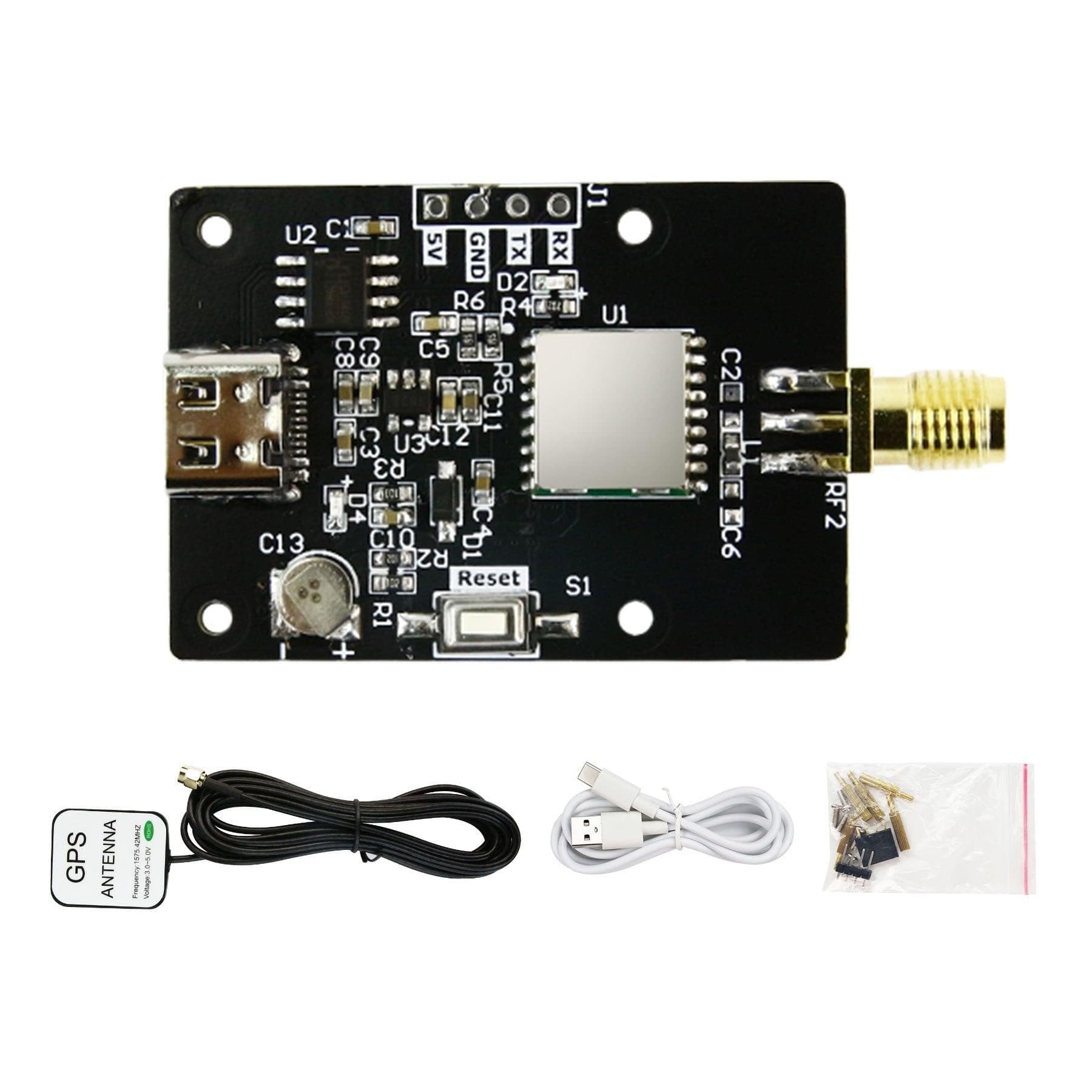 Yahboom ATGM336H-5N GPS kit contents with module, GPS antenna, USB cable, and mounting screws