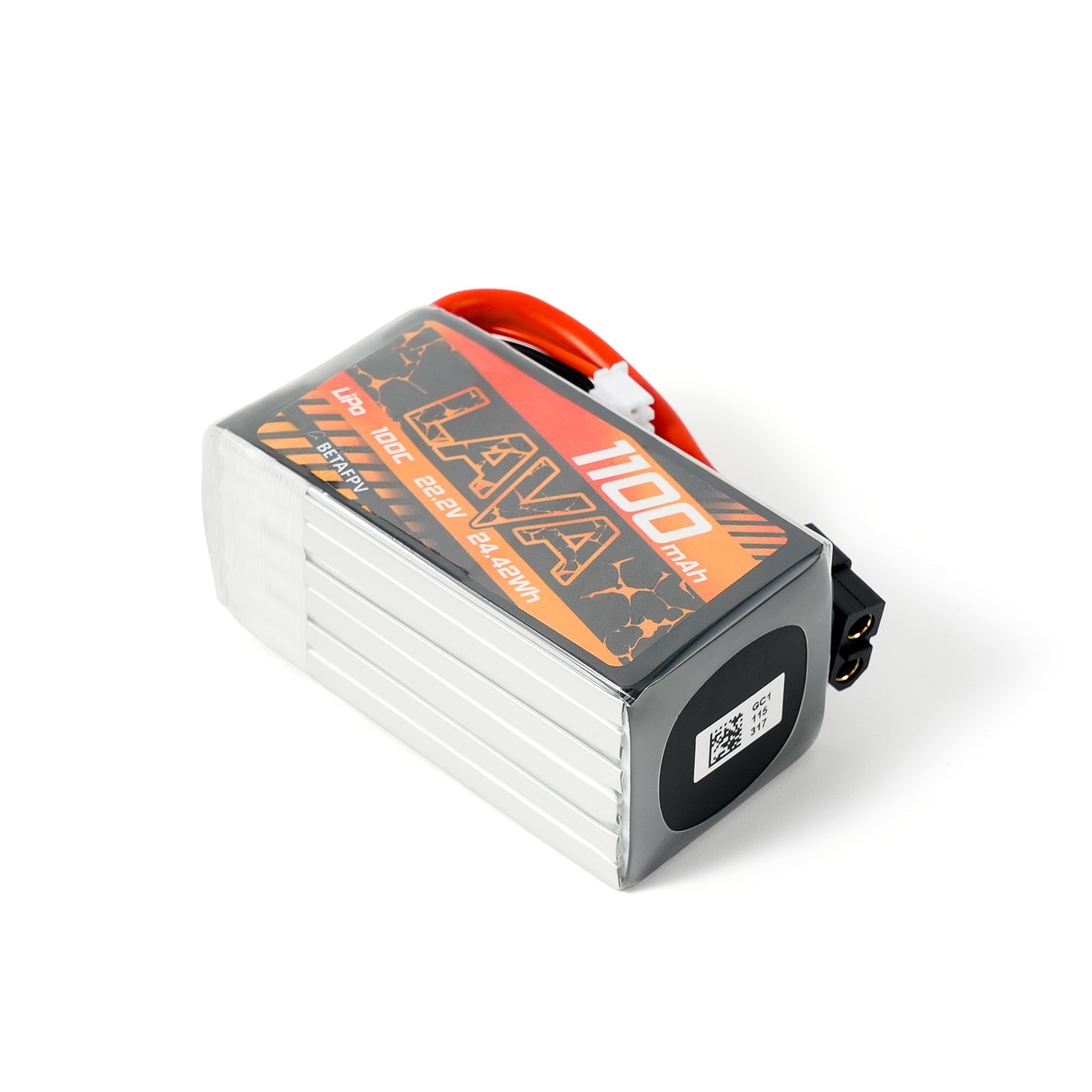 BetaFPV LAVA Series 6S 1100mAh 100C LiPo battery, angled view with XT60 lead and label