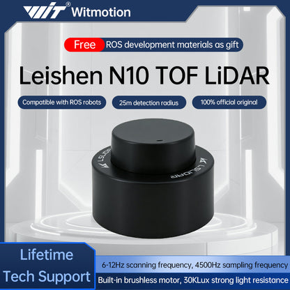 WitMotion Leishen N10 TOF LiDAR shown in a product promo graphic with 25m detection radius