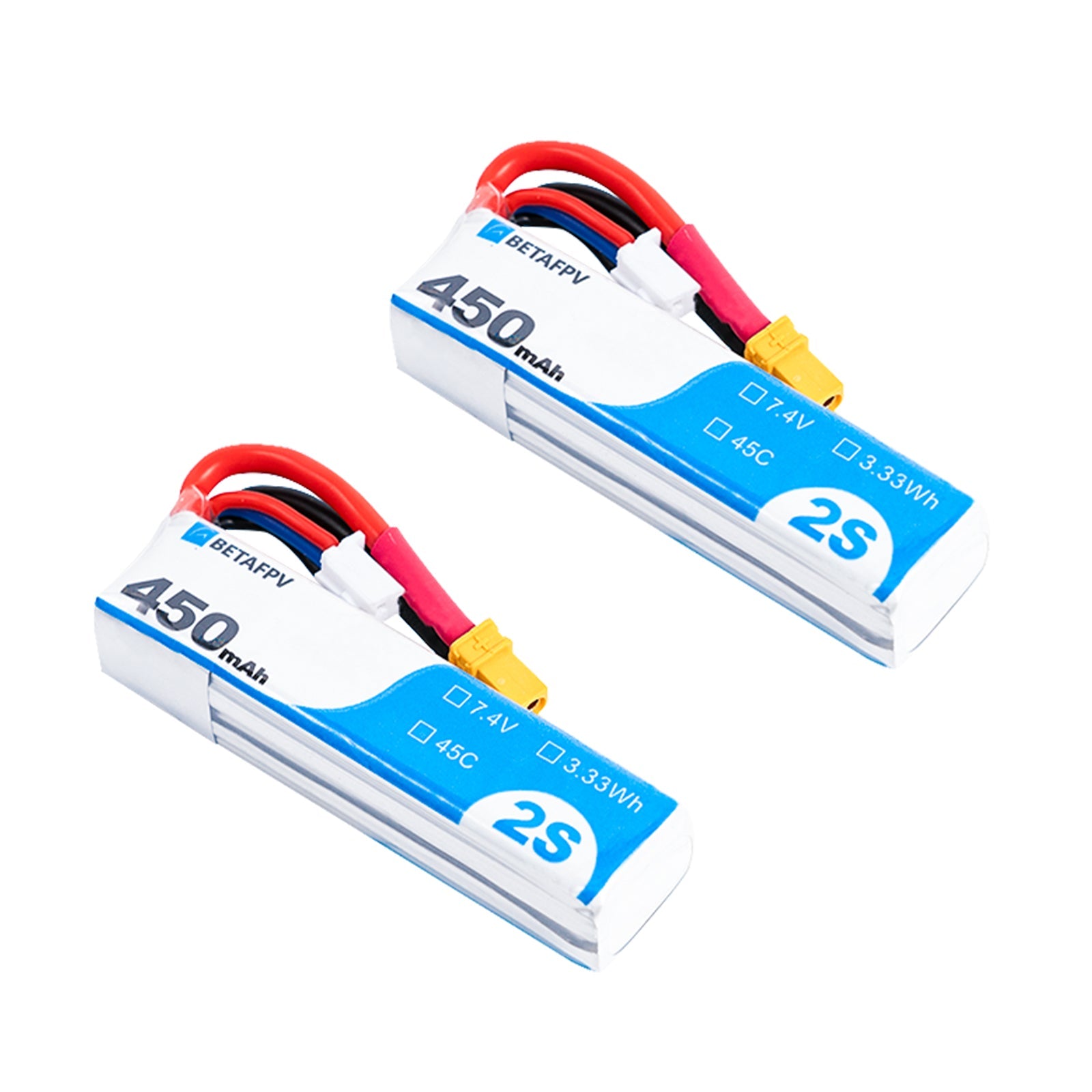 BetaFPV 450mAh 2S 45C LiPo Battery 7.4V two-pack with XT30 connector and balance lead