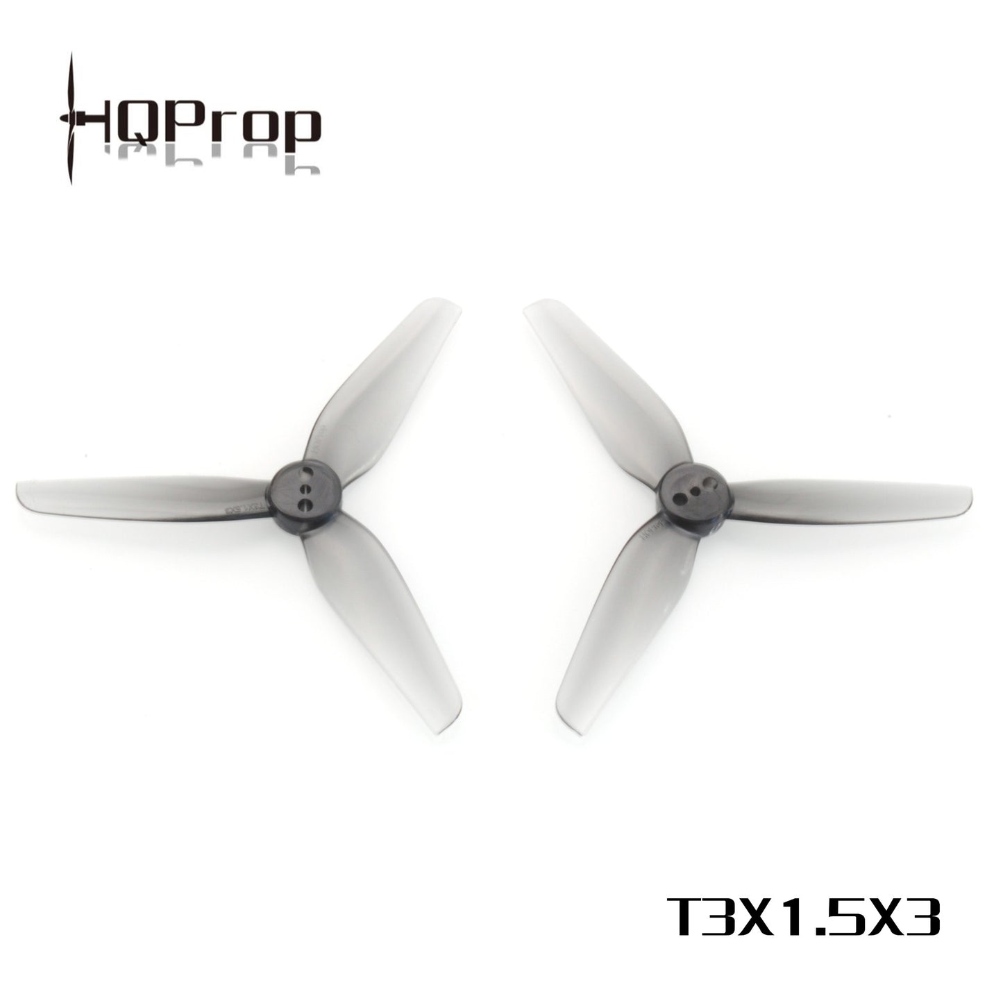 HQProp T3X1.5X3 grey 3-inch 3-blade propellers, two props shown with HQProp logo