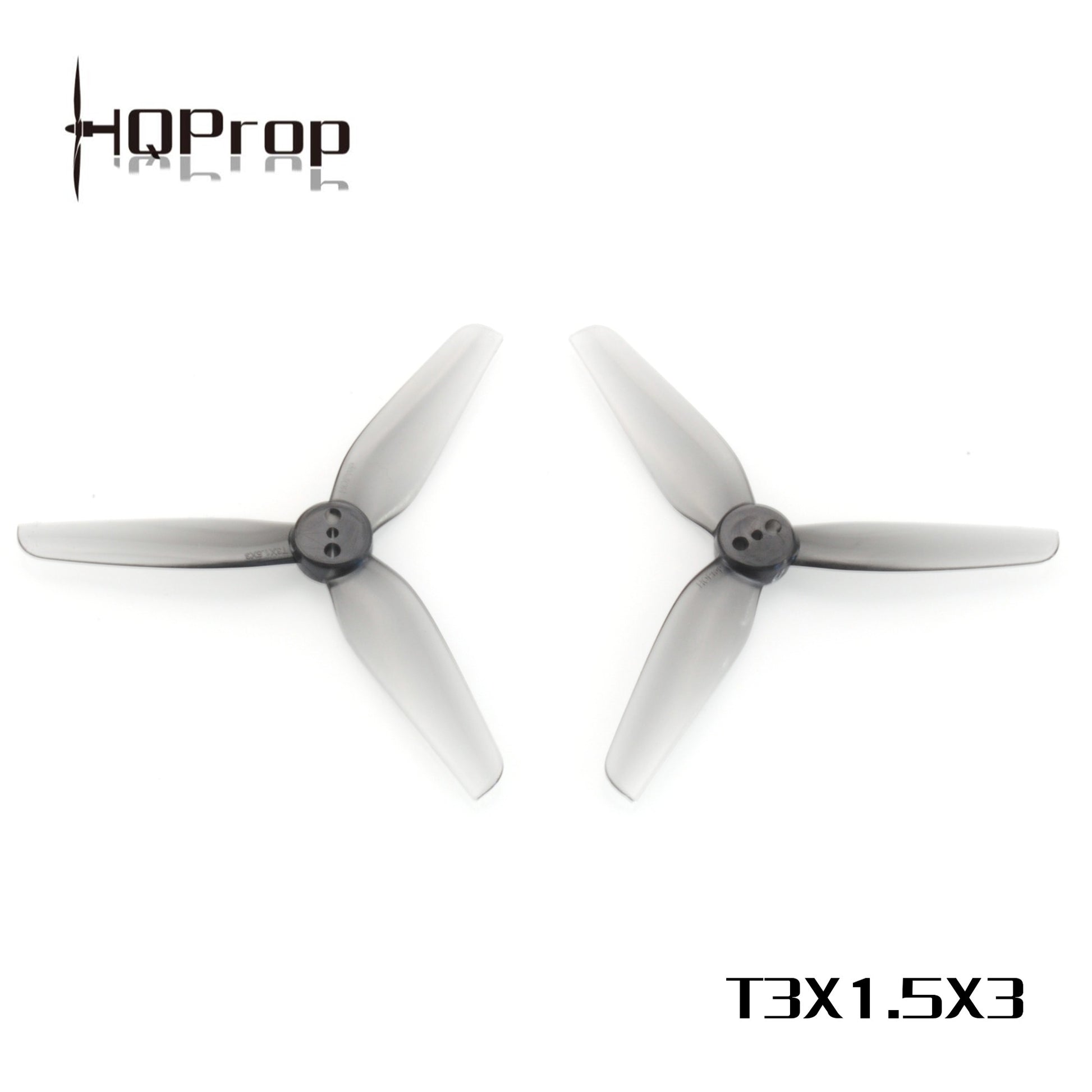 HQProp T3X1.5X3 grey 3-inch 3-blade propellers, two props shown with HQProp logo