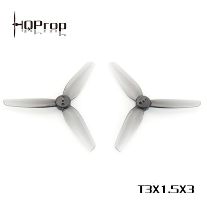 HQProp T3X1.5X3 grey 3-inch 3-blade propellers, two props shown with HQProp logo