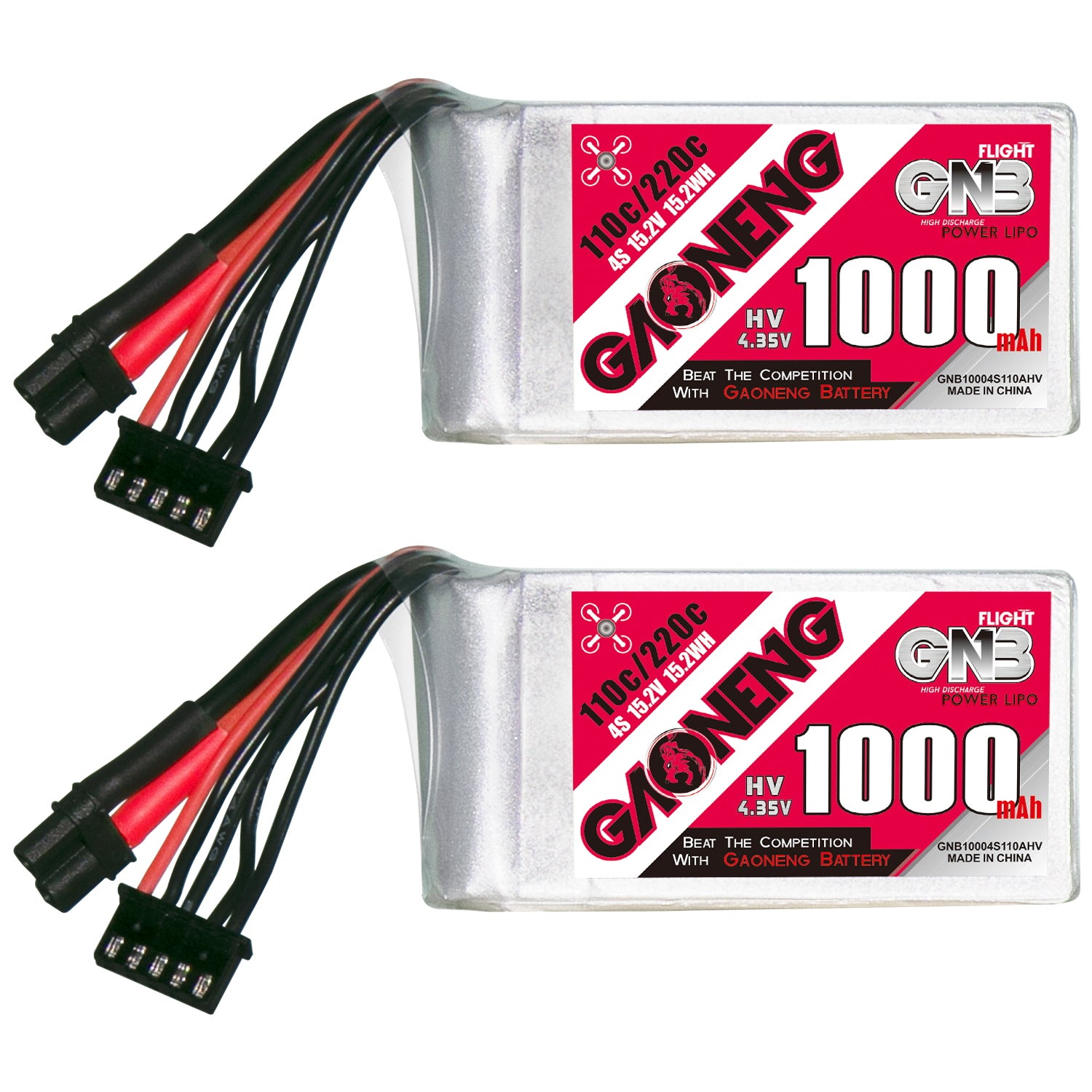 GAONENG GNB1000 4S 15.2V 1000mAh LiHV battery with XT30 lead and balance connector, two-pack