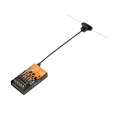 Receiver with antenna attached, showing ELRS micro module and T-style antenna lead