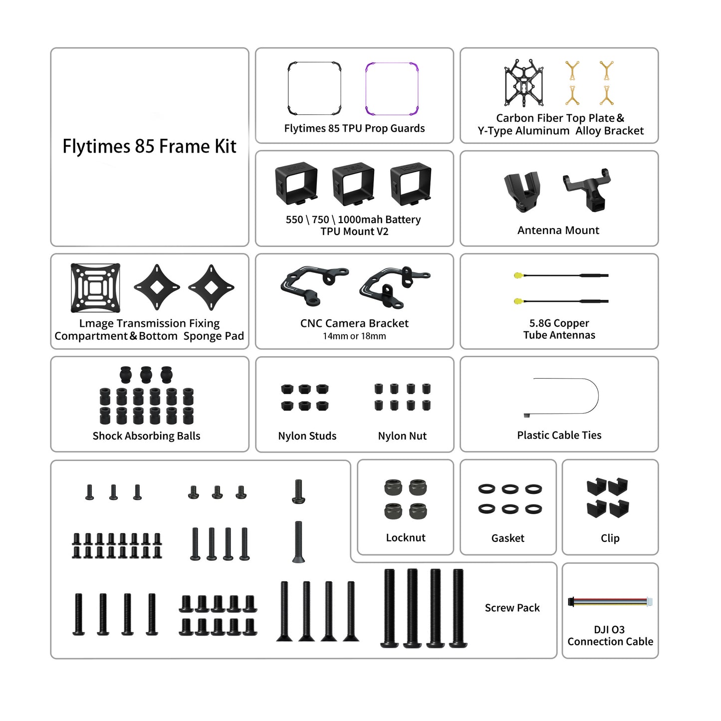 Flywoo Flytimes 85 frame kit parts layout with TPU prop guards, camera bracket, antennas, mounts, and screw pack