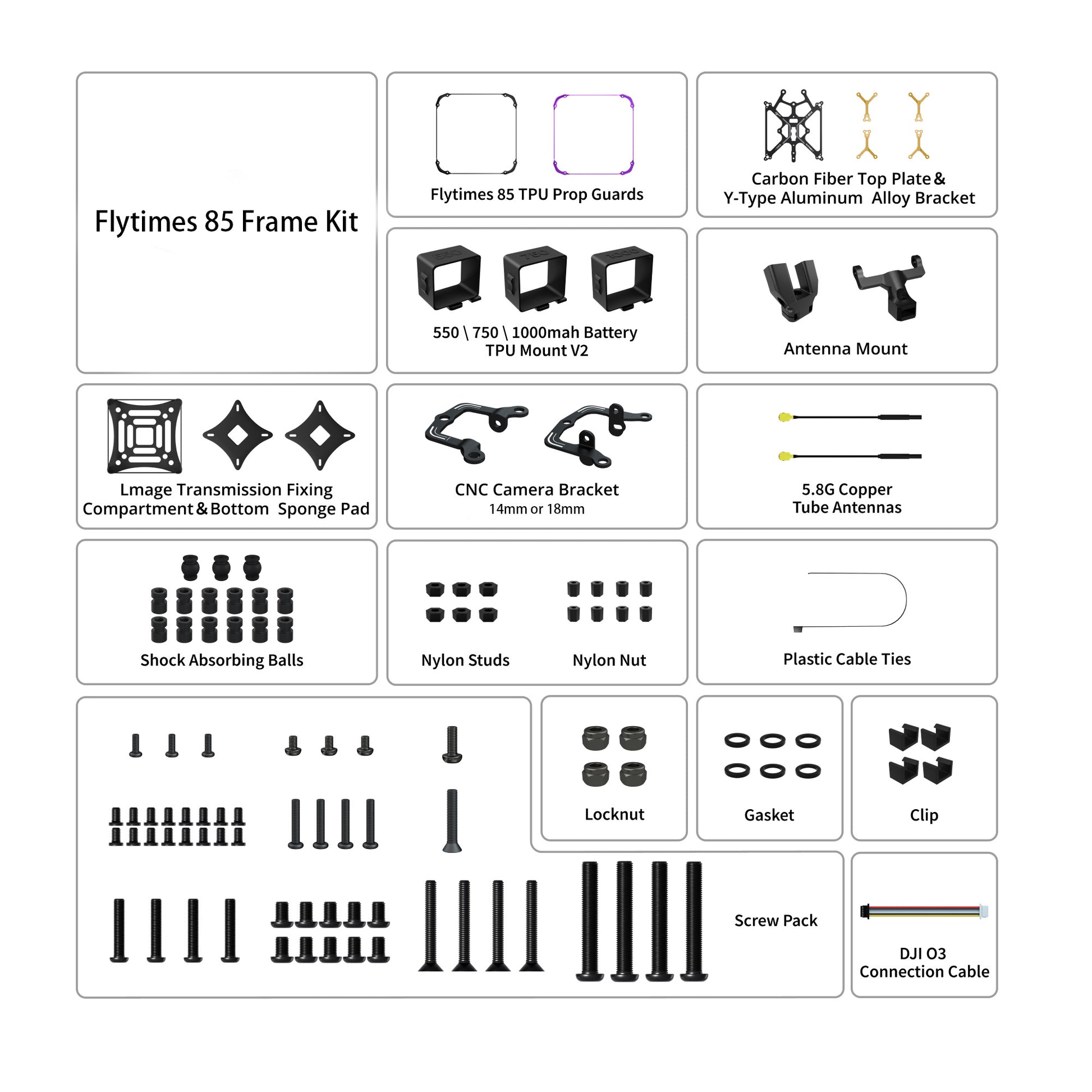 Flywoo Flytimes 85 frame kit parts layout with TPU prop guards, camera bracket, antennas, mounts, and screw pack