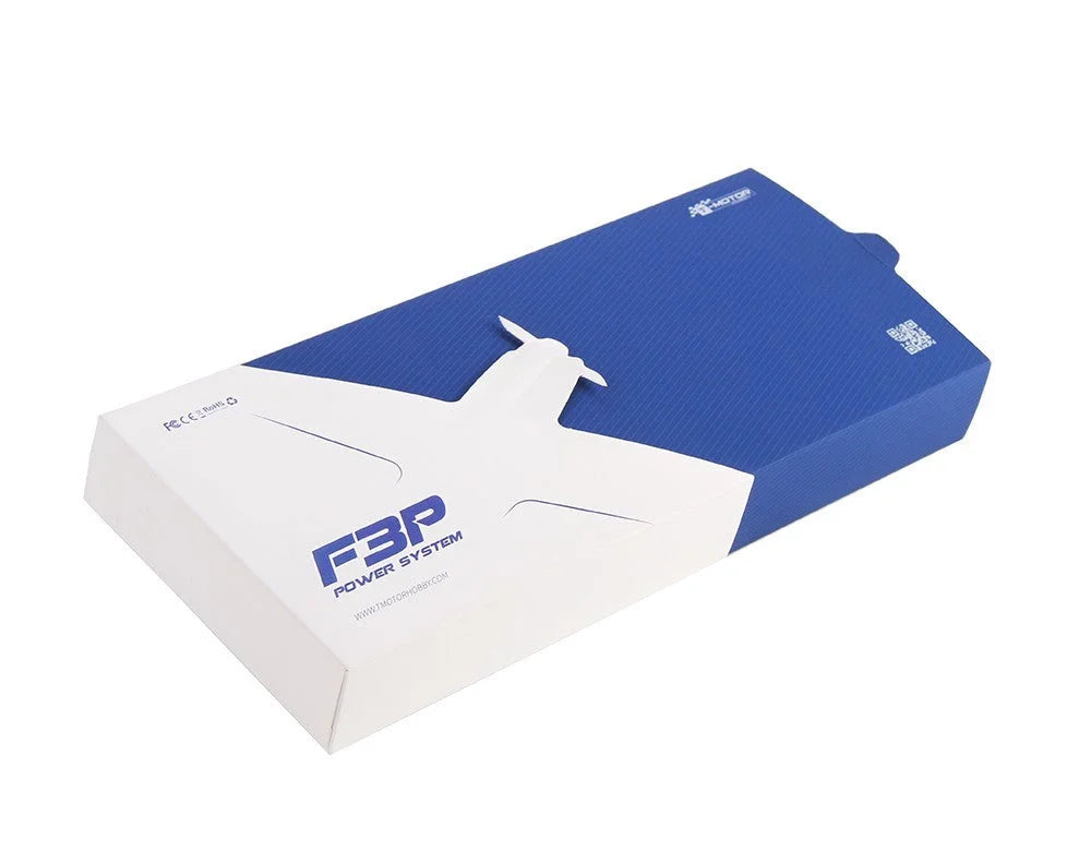 T-Motor F3P Power System retail box in blue and white packaging with airplane silhouette graphic