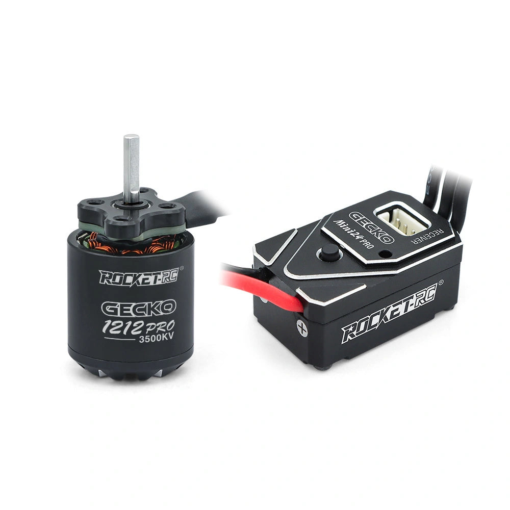 Close-up of 3500KV GECKO 1212 PRO motor beside MINI24 PRO 15A brushless ESC