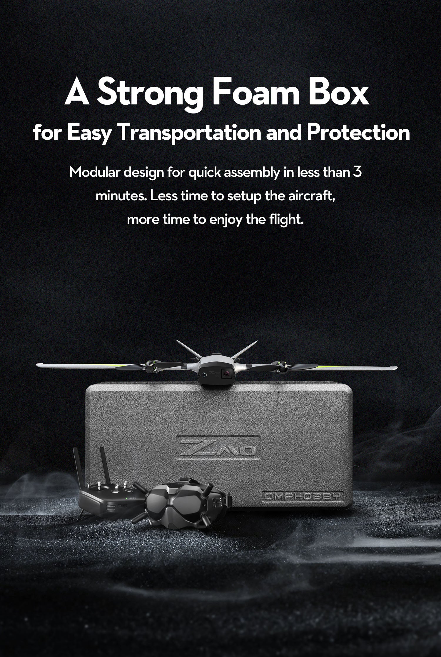OMPHOBBY ZMO PRO VTOL FPV Aircraft, Durable foam box protects drones during transport, assembles quickly in under 3 minutes.