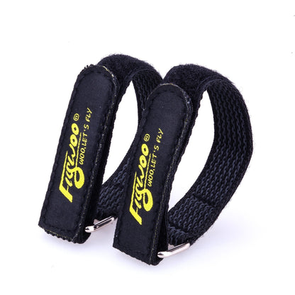 4pcs FLYWOO Kevlar Battery Strap, Two black FLYWOO Kevlar battery straps with yellow logo and metal buckle for securing drone batteries