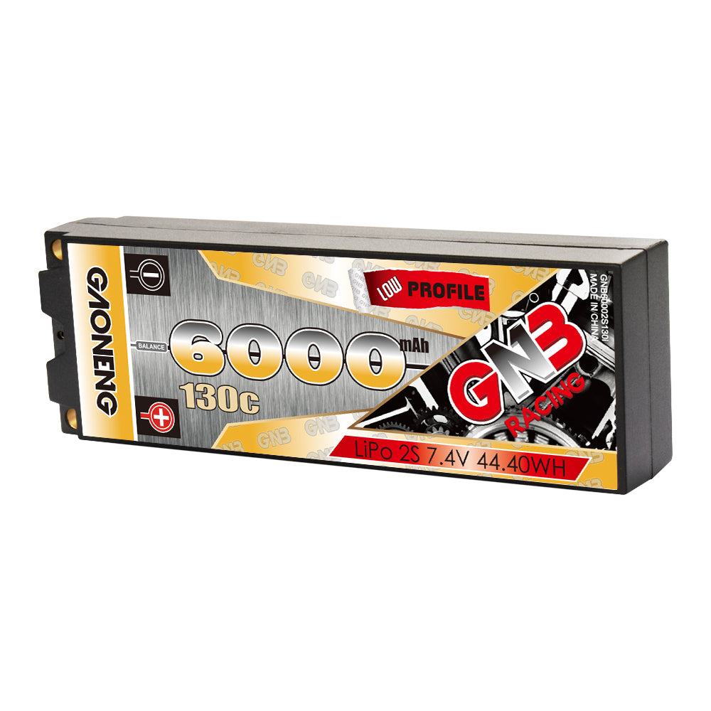 GNB 6000mAh 130C low-profile hard case LiPo battery label side, horizontal view