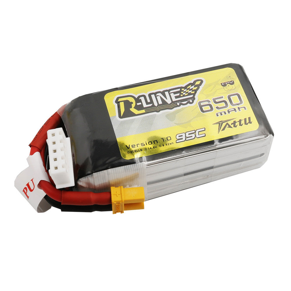 Tattu R-Line 650mAh 4S 14.8V 95C LiPo battery pack with yellow XT30-style main plug and balance lead