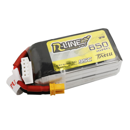 Tattu R-Line 650mAh 4S 14.8V 95C LiPo battery pack with yellow XT30-style main plug and balance lead