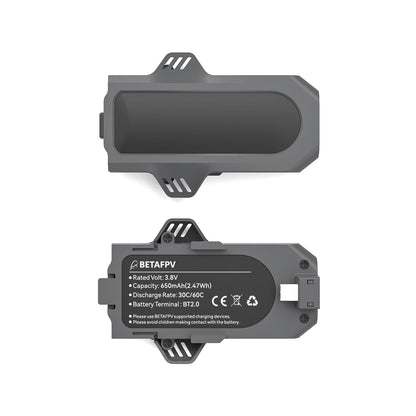 Aquila16 battery top and label view showing 3.8V 650mAh 2.47Wh BT2.0 and 30C/60C rating