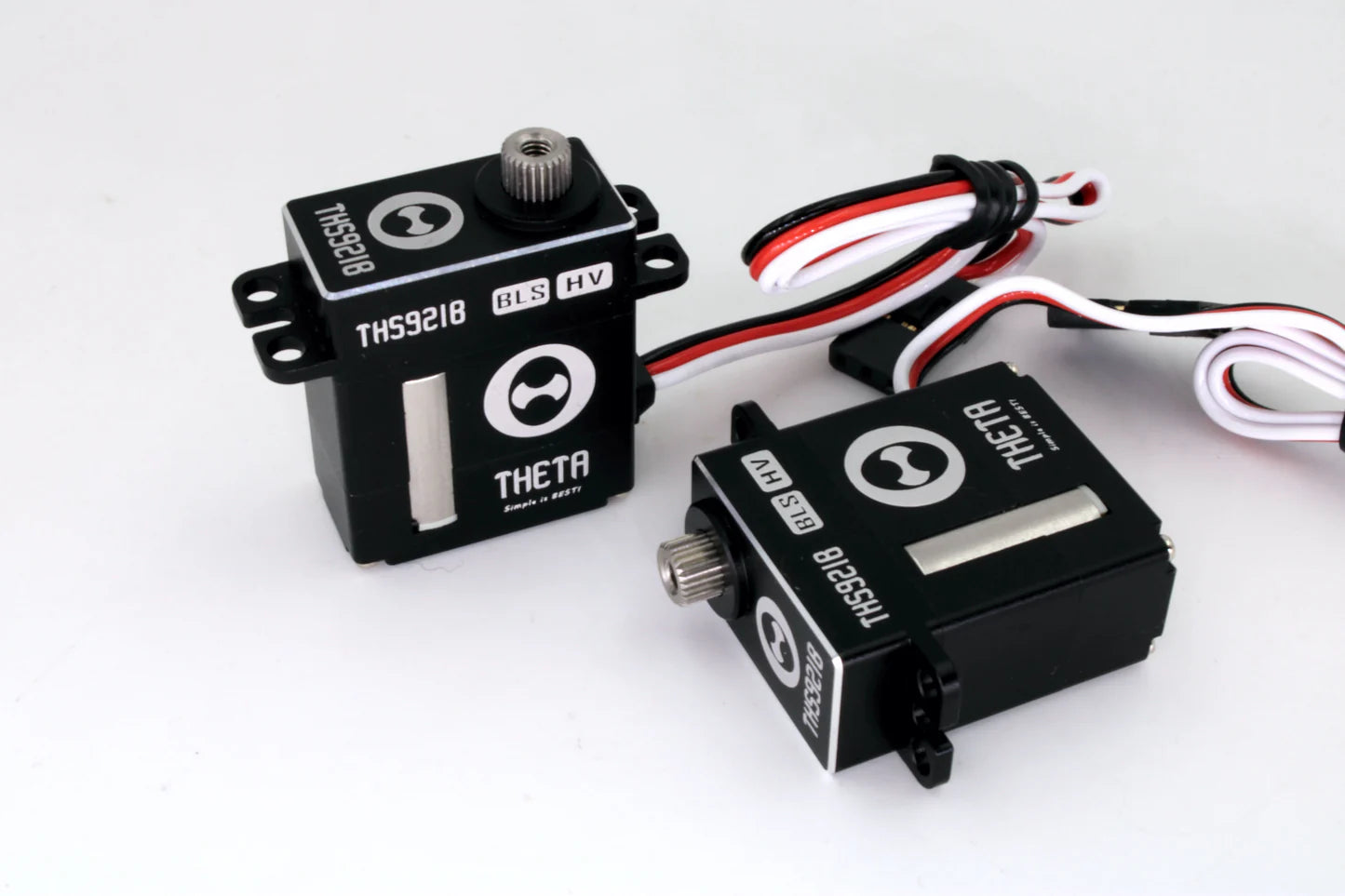 THETA THS921B HV micro brushless servo with metal output spline and three-wire lead on black case