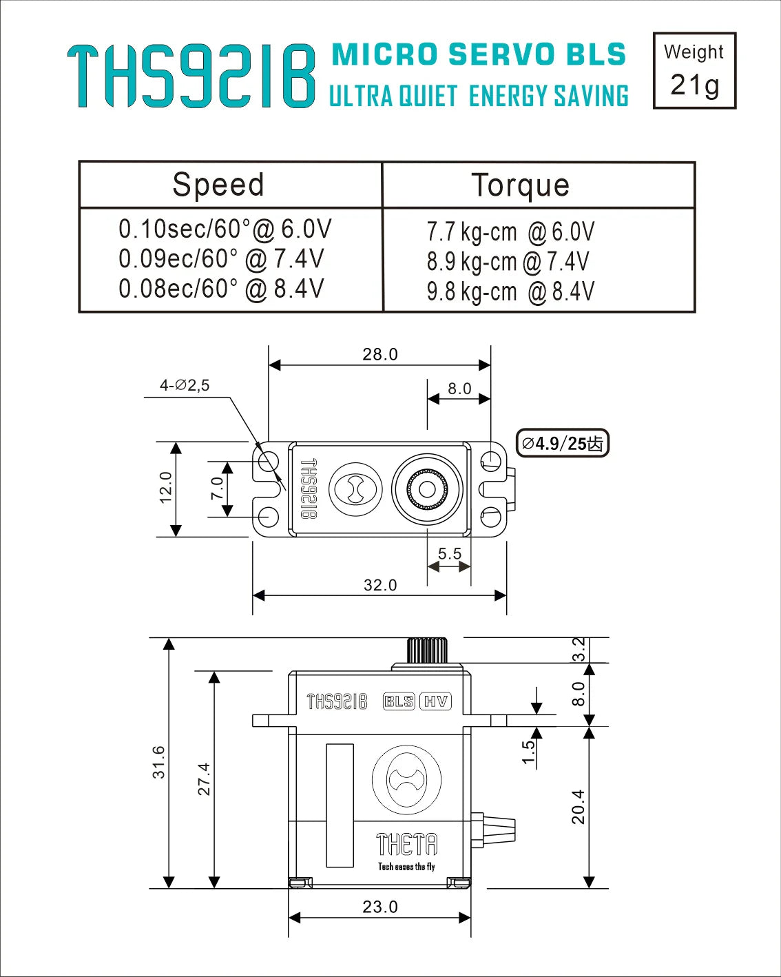 THETA THS921B HV micro brushless servo spec chart with 21g weight, speed/torque at 6.0–8.4V, and dimensions