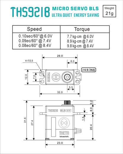 THETA THS921B HV micro brushless servo spec chart with 21g weight, speed/torque at 6.0–8.4V, and dimensions