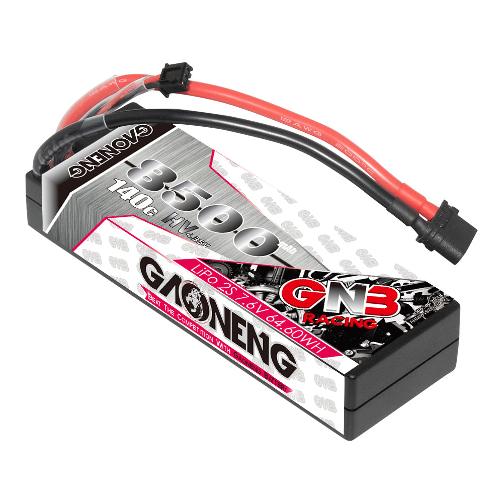 GNB 2S LiHV 7.6V 8500mAh 140C hard case LiPo battery with XT60 lead, angled view