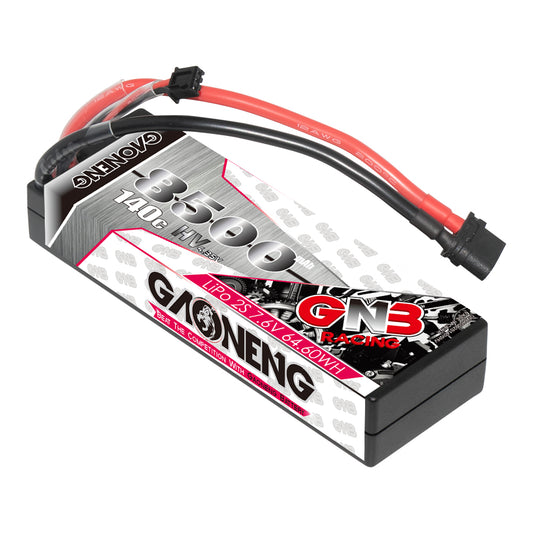 GNB 2S LiHV 7.6V 8500mAh 140C hard case LiPo battery with XT60 lead, angled view