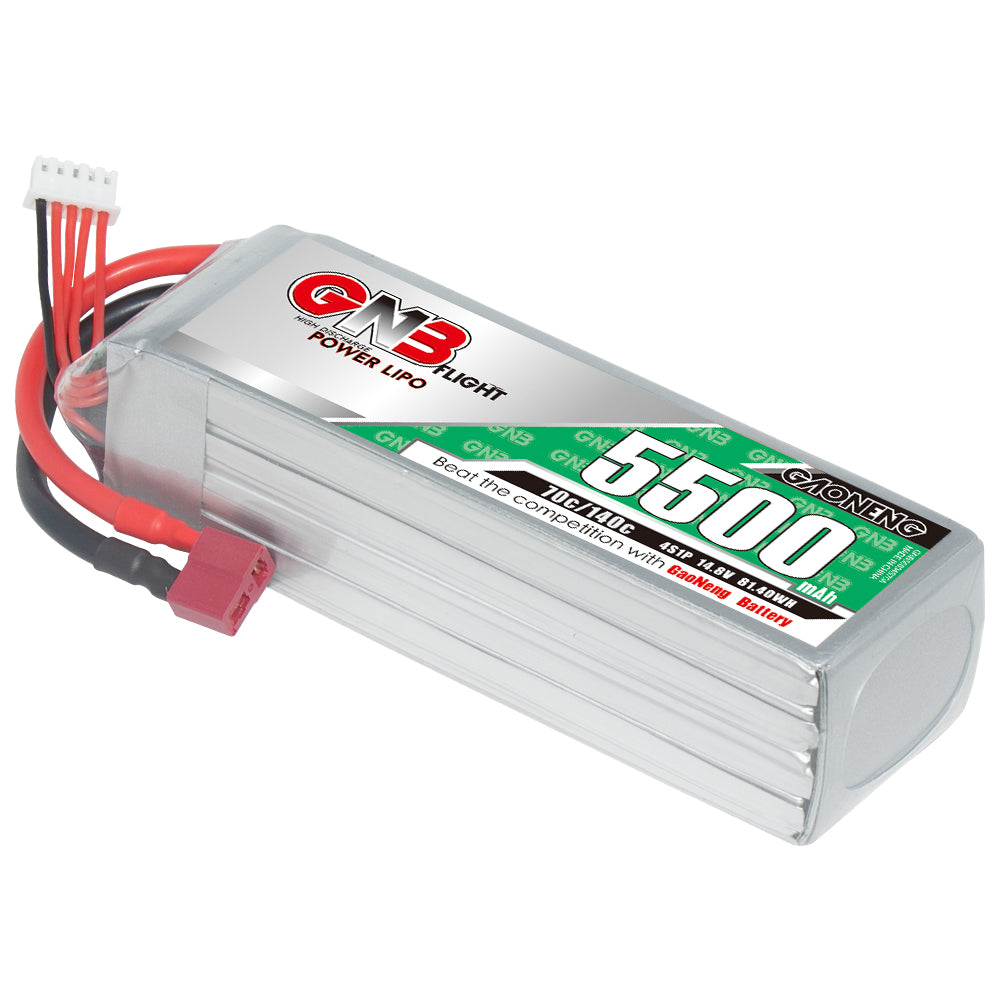GAONENG GNB 4S 5500mAh 70C LiPo battery pack with T-plug and balance lead, angled view