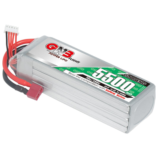 GAONENG GNB 4S 5500mAh 70C LiPo battery pack with T-plug and balance lead, angled view