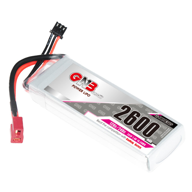 GAONENG GNB 2S 7.4V 2600mAh 120C LiPo Battery angled side view with T-plug connector