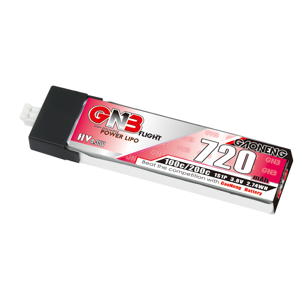GAONENG GNB 720mAh 1S 3.8V LiHV 100C LiPo battery with PH2.0 connector, silver shrink wrap
