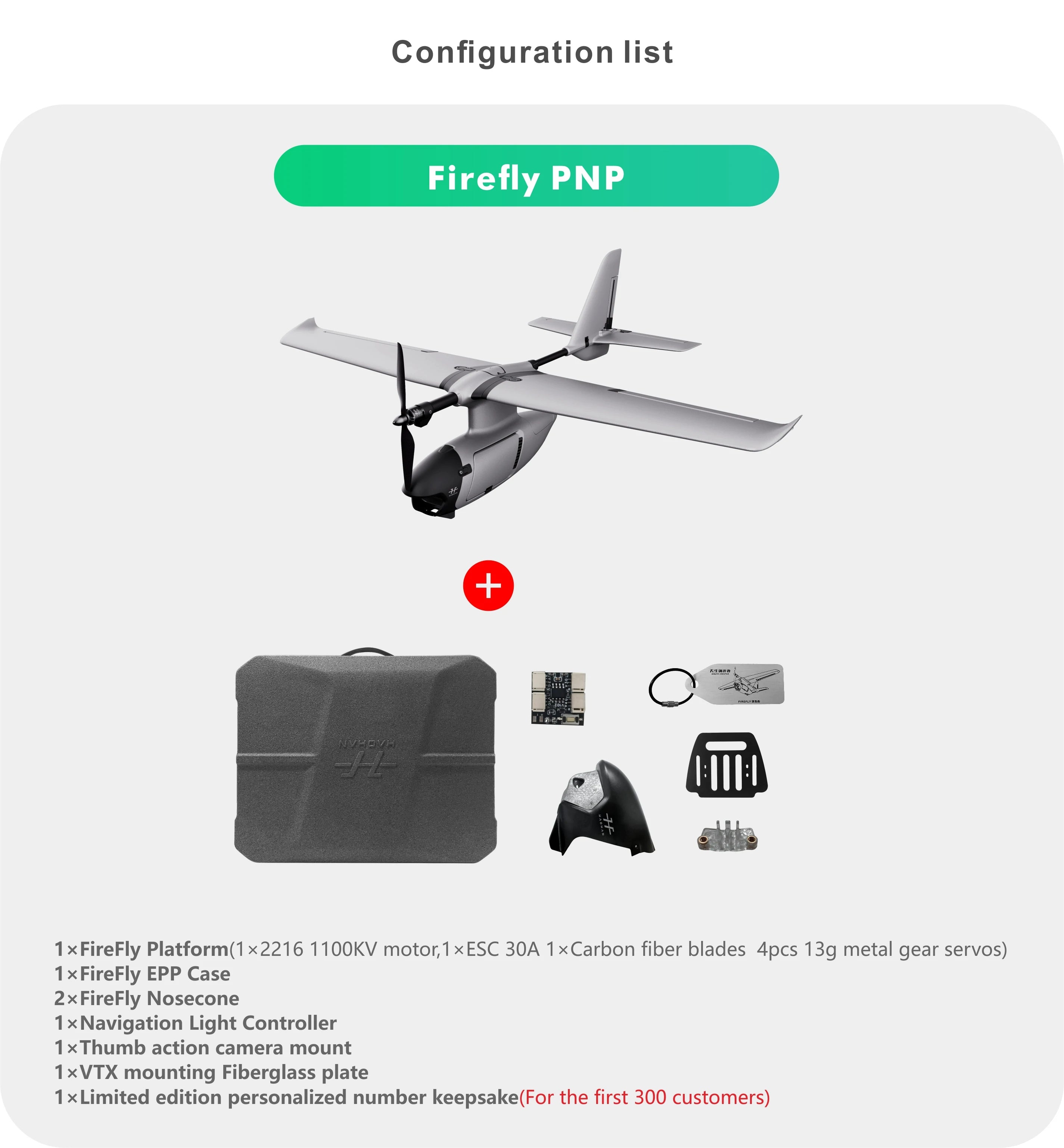 HAOHAN Firefly Modular & Multi-Mount FPV Patrol Drone Support VTOL 1080mm Wingspan EPP RC Airplane PNP / SEMI Version FPV drone with Firefly PNP configuration and carbon fiber frame, plus additional accessories.