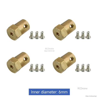 Four brass hex couplings, inner diameter 6mm, each with three screws (set of 4)