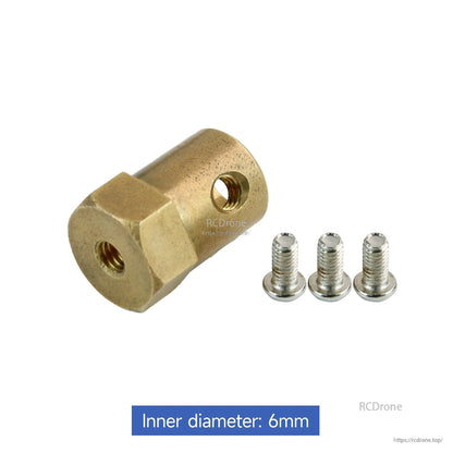 Brass hexagonal coupling with set screws, inner diameter 6mm, includes three screws