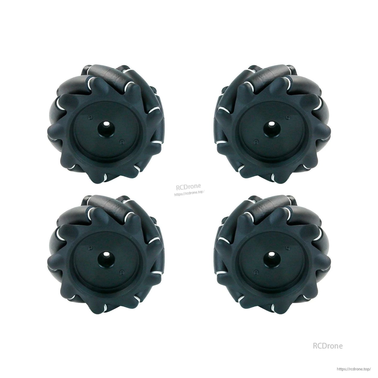 Four black mecanum wheels shown from opposite side with center mounting hole, set of 4