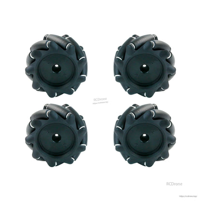 Four black mecanum wheels shown from opposite side with center mounting hole, set of 4