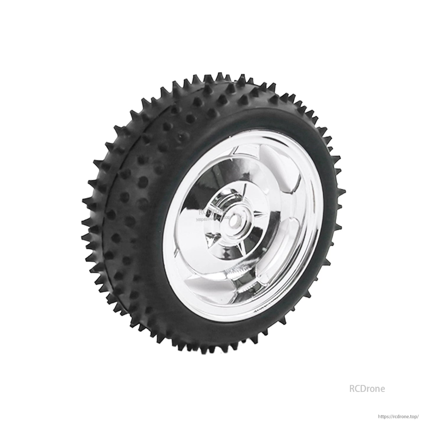 High-friction rubber wheel with spiked tread and silver hub, single wheel close-up
