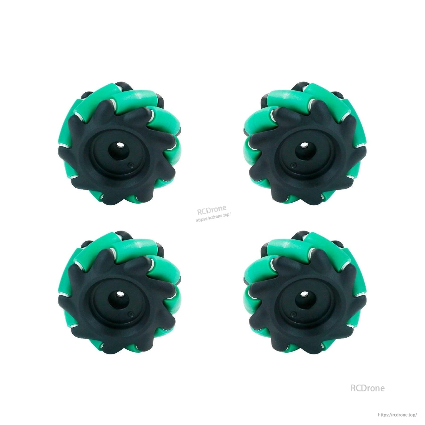 Four green-and-black mecanum wheels shown as a set, opposite side view