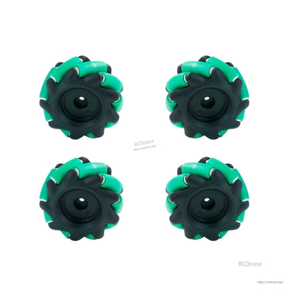 Four green-and-black mecanum wheels shown as a set, opposite side view