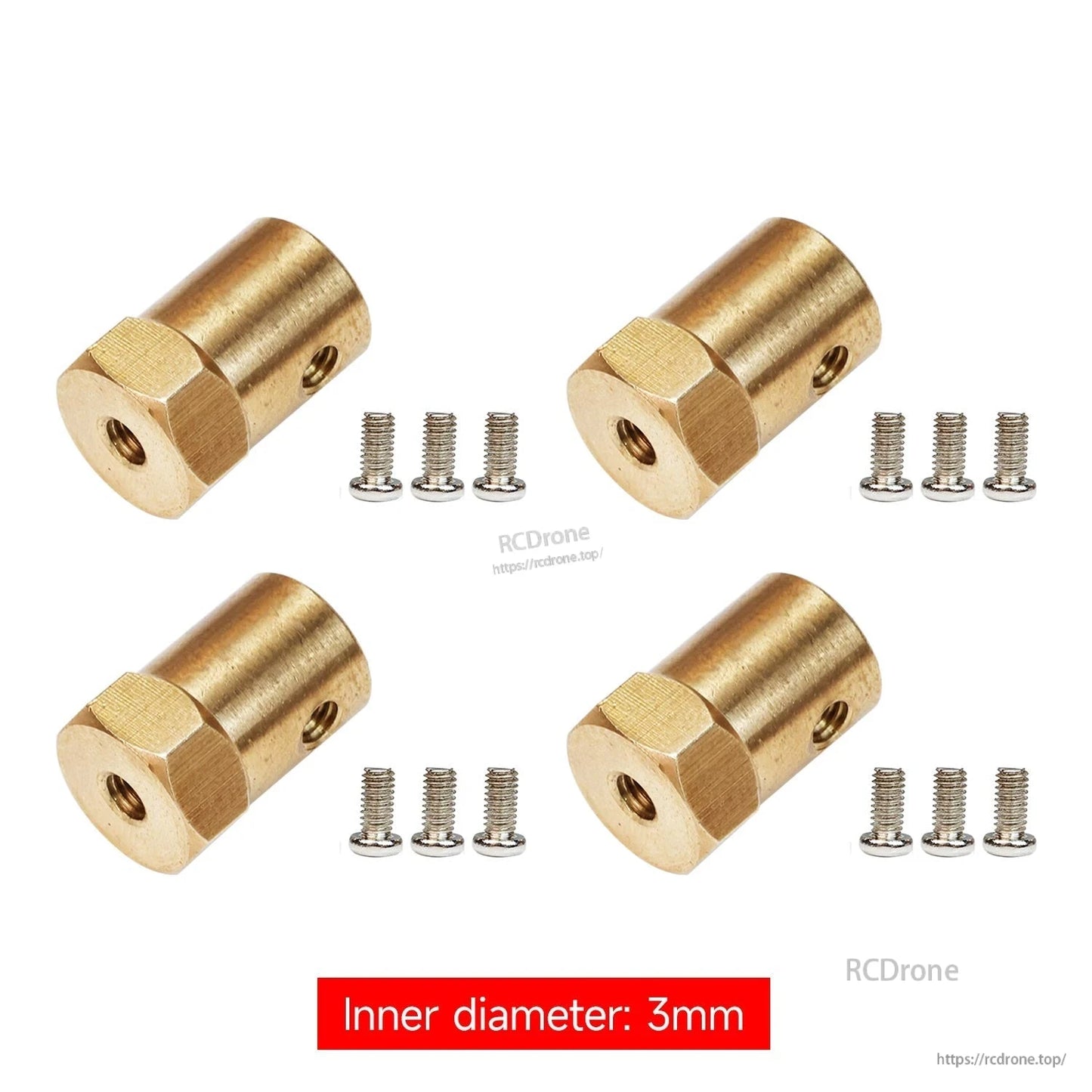 Four brass hex couplings, inner diameter 3mm, each with three screws (set of 4)