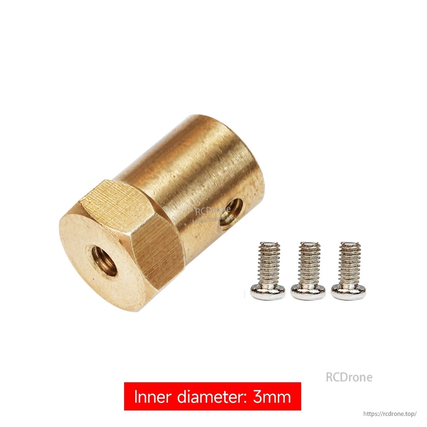 Brass hexagonal coupling with set screws, inner diameter 3mm, includes three screws
