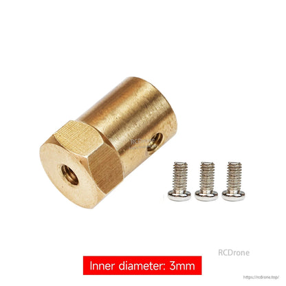 Brass hexagonal coupling with set screws, inner diameter 3mm, includes three screws