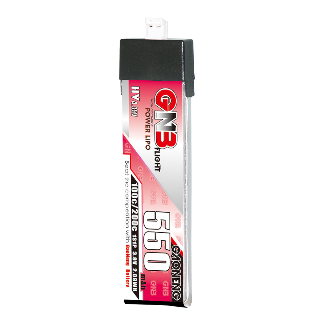 GAONENG GNB LiHV 1S 3.8V 550mAh 100C LiPo battery with PH2.0 plastic head, front view