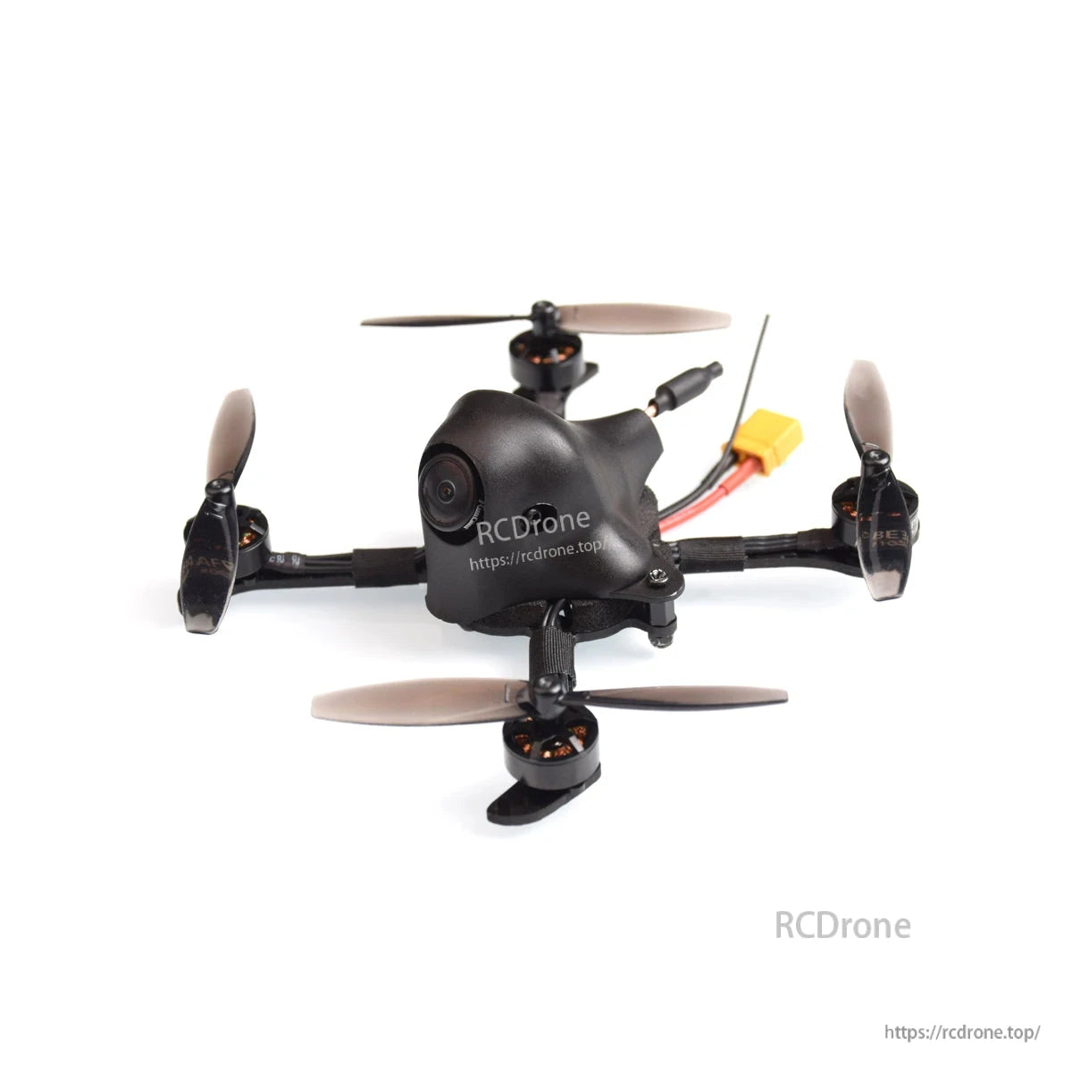 65mm 2-Blade FPV propellers installed on a micro FPV quadcopter, top view with yellow connector