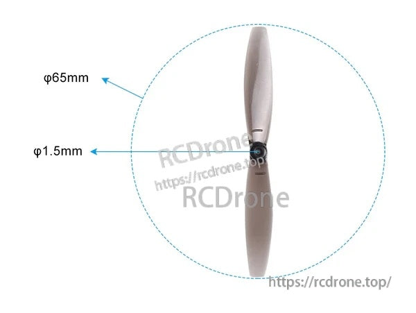 65mm 2-blade FPV propeller size graphic showing 65mm diameter and 1.5mm center hole
