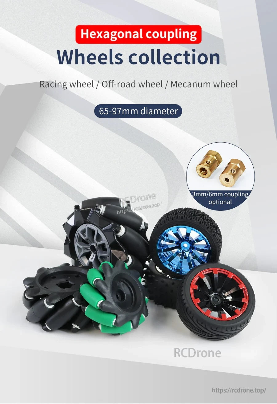 65–97mm robot car wheels collection with rubber and mecanum wheels plus 3mm/6mm hex couplings