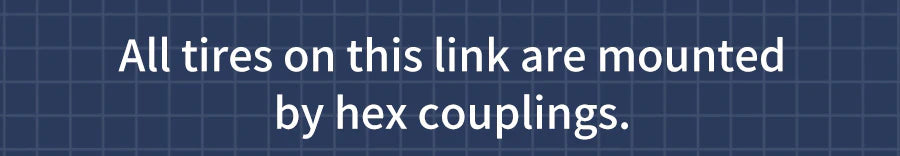 Text banner: all tires on this page are mounted by hex couplings