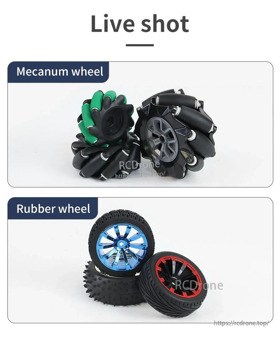 Live shot of black mecanum wheels and rubber wheels with colored hubs for robotics or RC builds