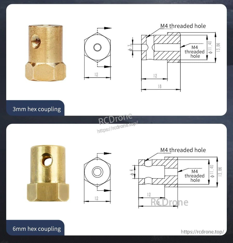 3mm and 6mm hex coupling dimension drawings with M4 threaded hole and 12mm hex width, 18mm length